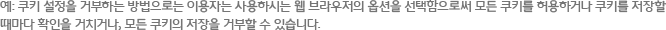 예: 쿠키 설정을 거부하는 방법으로는 이용자는 사용하시는 웹 브라우저의 옵션을 선택함으로써 모든 쿠키를 허용하거나 쿠키를 저장할 때마다 확인을 거치거나, 모든 쿠키의 저장을 거부할 수 있습니다. 